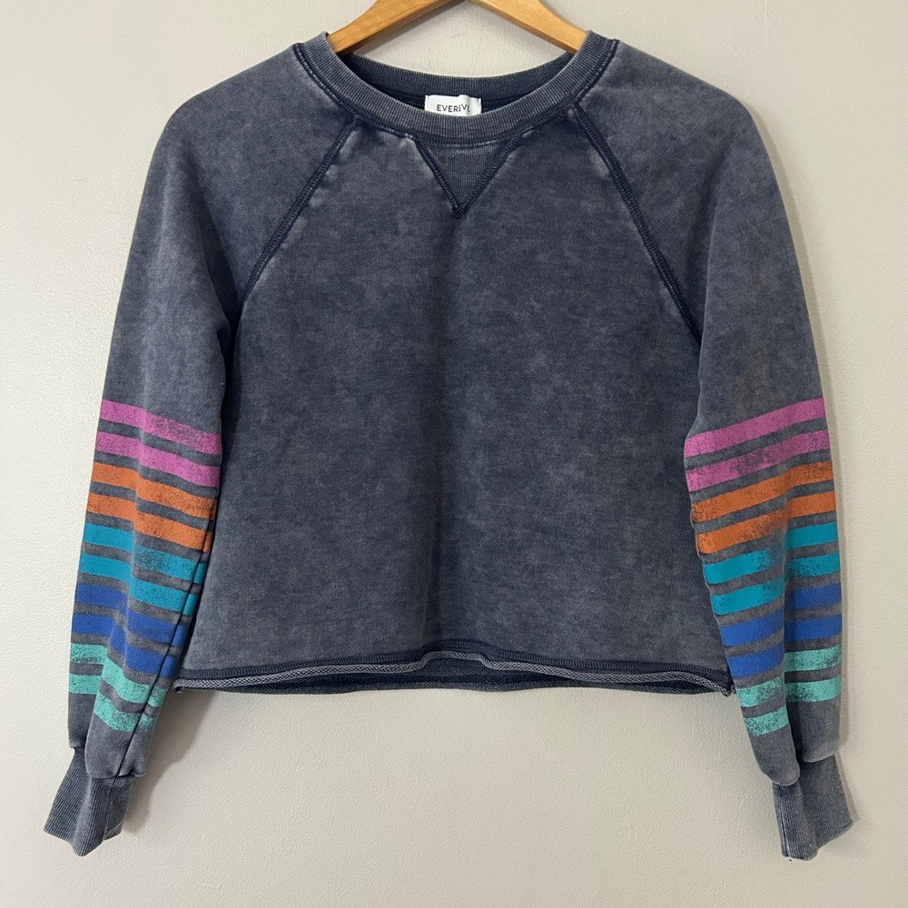 Evereve Beck Sweatshirt Womens‎ XS Striped Sleeve Crewneck Vintage Wash Raglan